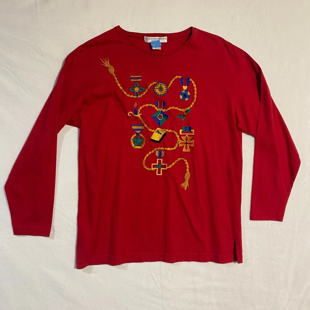 Vintage Ugly Christmas Shirt Preston & York Top Women's P Medium Red Long Sleeve